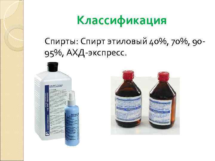 Классификация Спирты: Спирт этиловый 40%, 70%, 9095%, АХД-экспресс. 