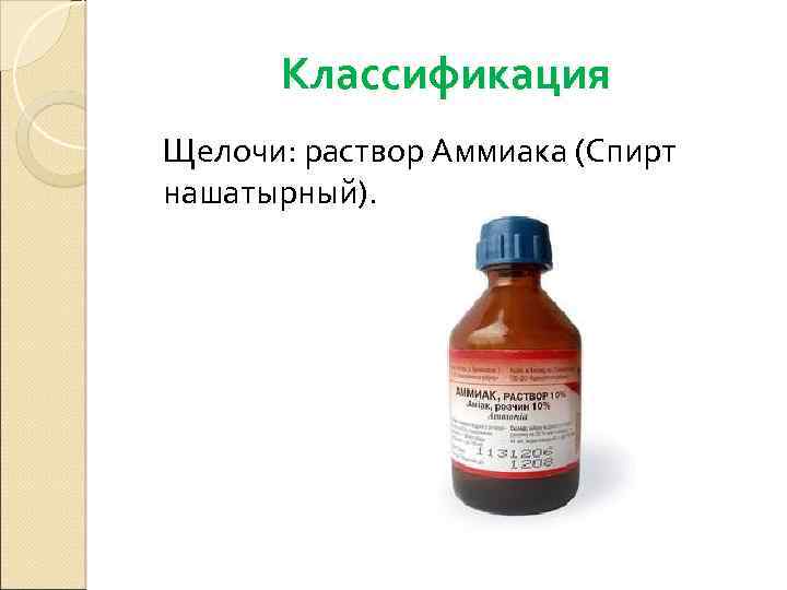 Классификация Щелочи: раствор Аммиака (Спирт нашатырный). 