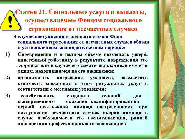 Статья 21. Социальные услуги и выплаты, осуществляемые Фондом социального страхования от несчастных случаев В