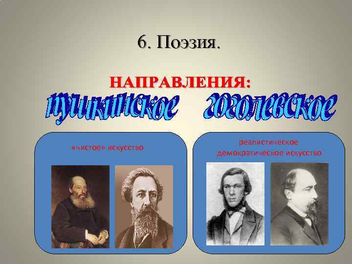 6. Поэзия. «чистое» искусство реалистическое демократическое искусство 