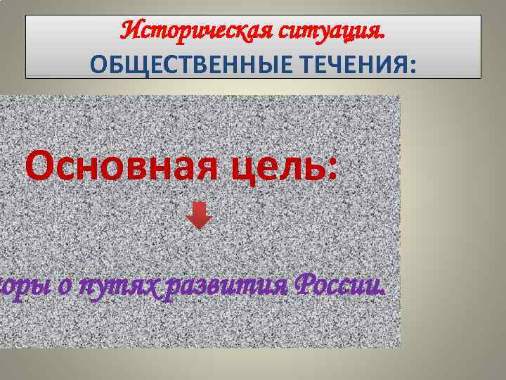 Историческая ситуация. ОБЩЕСТВЕННЫЕ ТЕЧЕНИЯ: Основная цель: поры о путях развития России. 