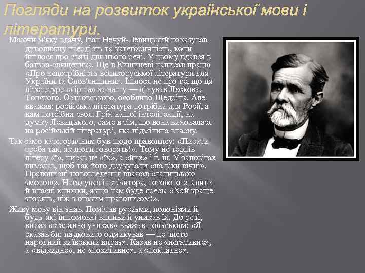 Погляди на розвиток української мови і літератури. Маючи м'яку вдачу, Іван Нечуй-Левицький показував дивовижну