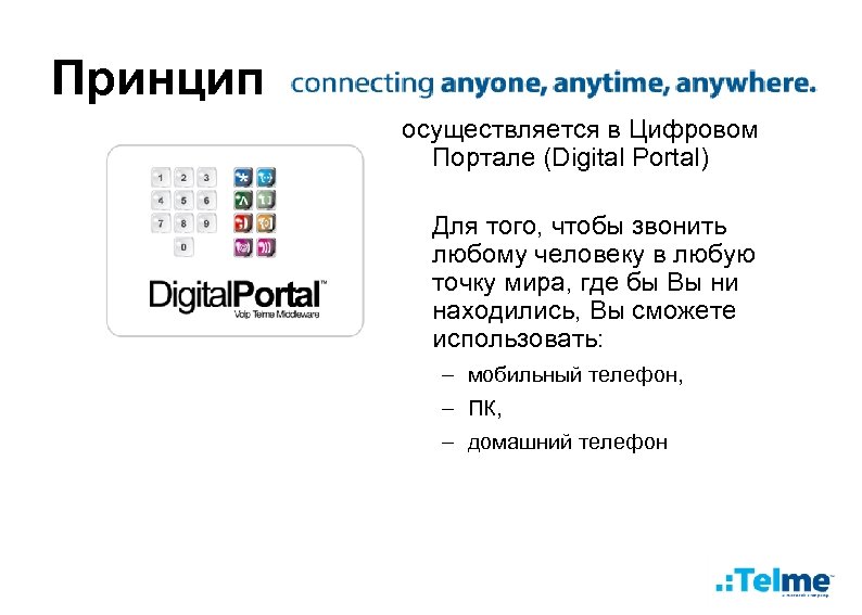 Принцип осуществляется в Цифровом Портале (Digital Portal) Для того, чтобы звонить любому человеку в