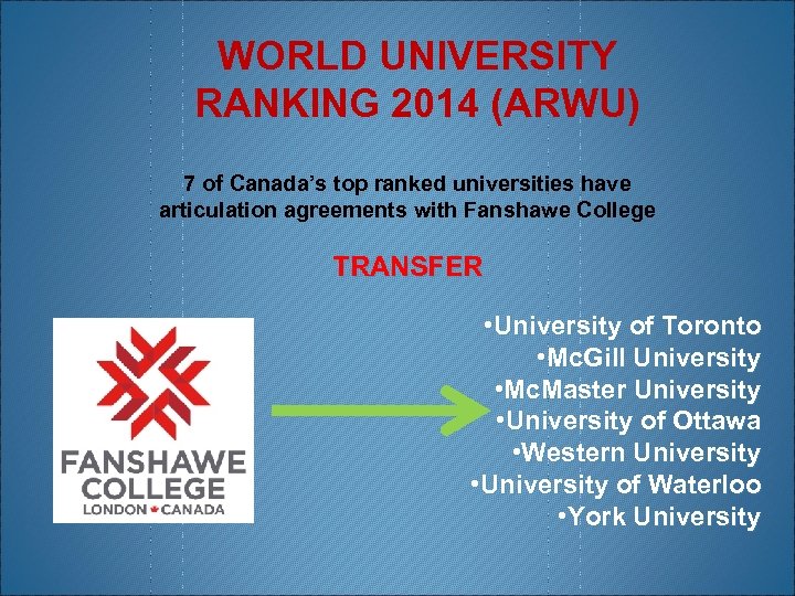 WORLD UNIVERSITY RANKING 2014 (ARWU) 7 of Canada’s top ranked universities have articulation agreements