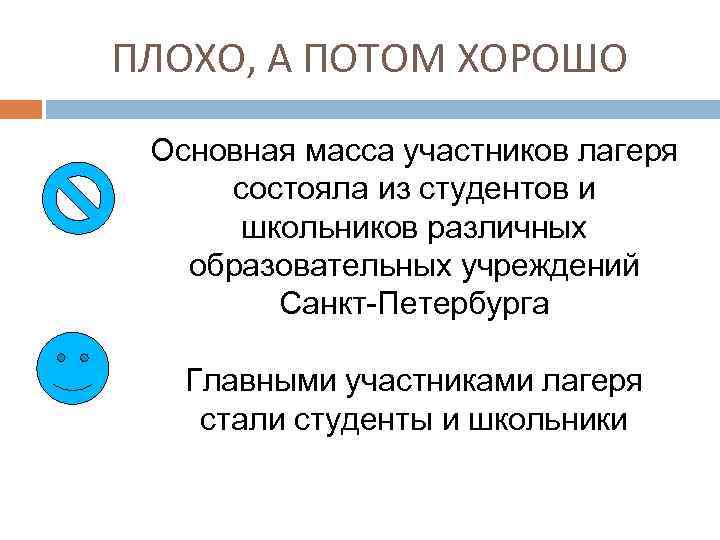 ПЛОХО, А ПОТОМ ХОРОШО Основная масса участников лагеря состояла из студентов и школьников различных