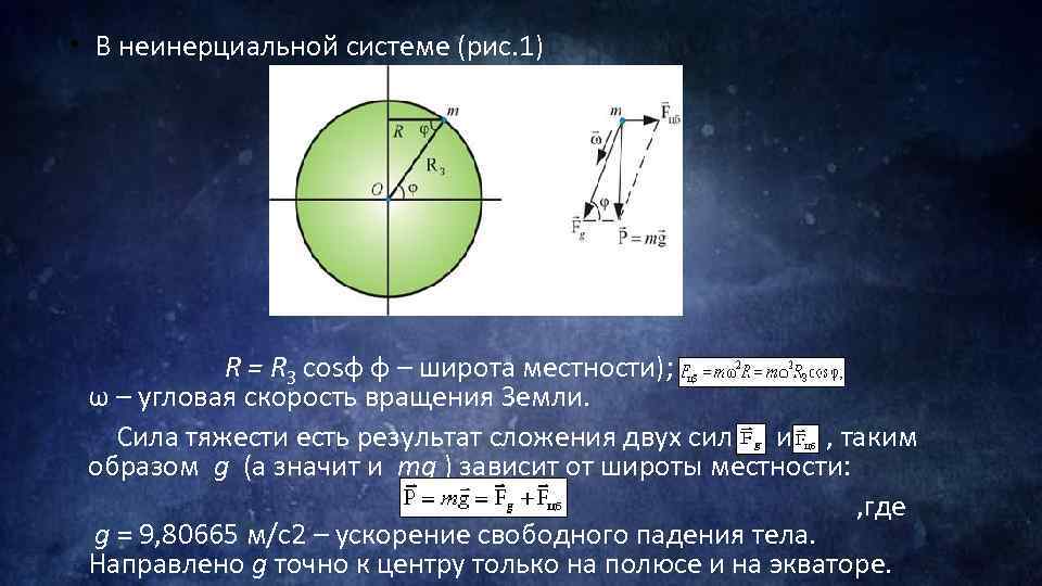  • В неинерциальной системе (рис. 1) R = RЗ cosφ φ – широта