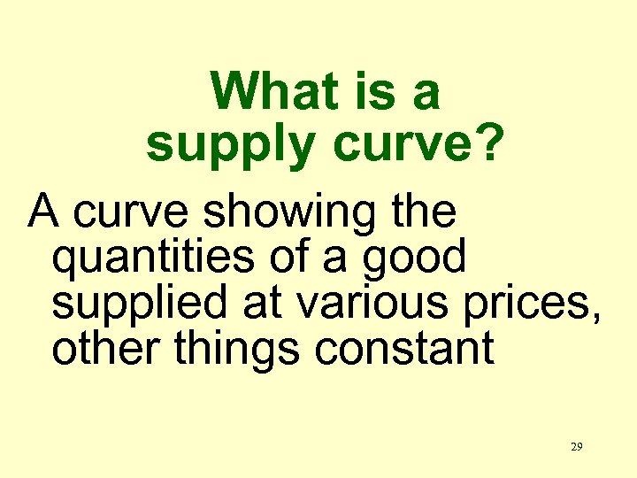 What is a supply curve? A curve showing the quantities of a good supplied