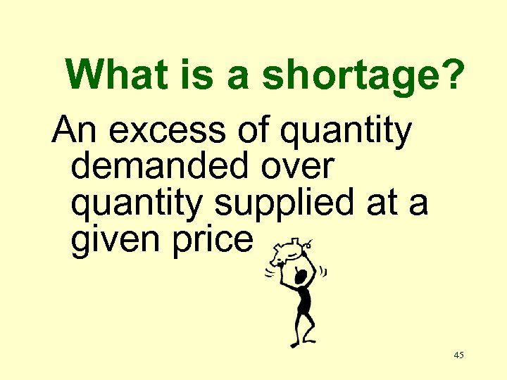 What is a shortage? An excess of quantity demanded over quantity supplied at a
