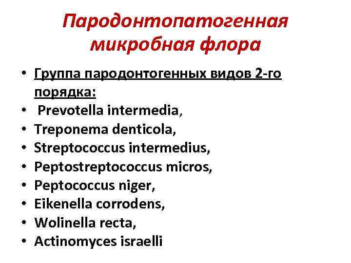 Пародонтопатогенная микробная флора • Группа пародонтогенных видов 2 -го порядка: • Prevotella intermedia, •