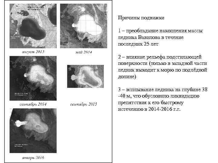 Причины подвижки 1 – преобладание накопления массы ледника Вавилова в течение последних 25 лет
