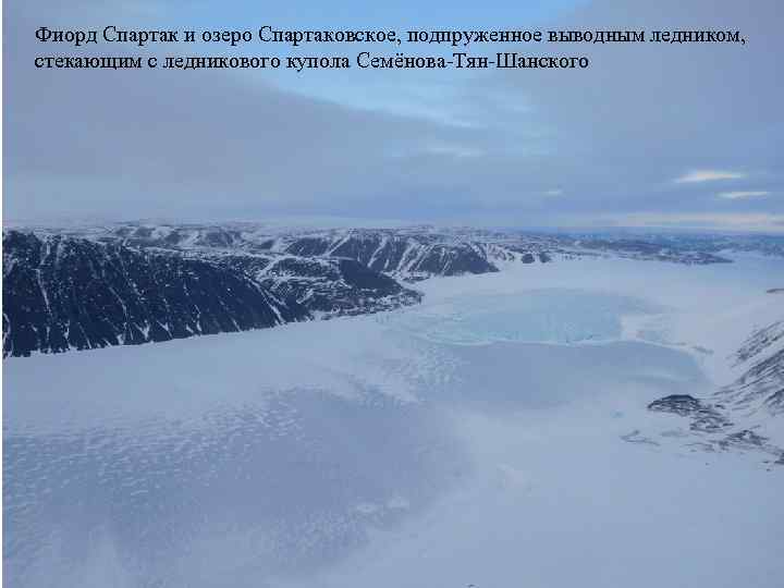 Фиорд Спартак и озеро Спартаковское, подпруженное выводным ледником, стекающим с ледникового купола Семёнова-Тян-Шанского 