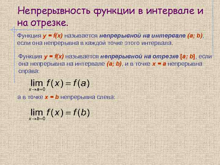 Непрерывность функции в интервале и на отрезке. Функция y = f(х) называется непрерывной на
