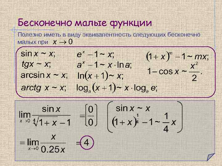 Бесконечно малые функции Полезно иметь в виду эквивалентность следующих бесконечно малых при 