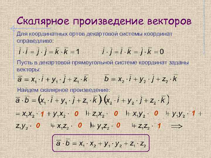 Скалярное произведение векторов Для координатных ортов декартовой системы координат справедливо: Пусть в декартовой прямоугольной