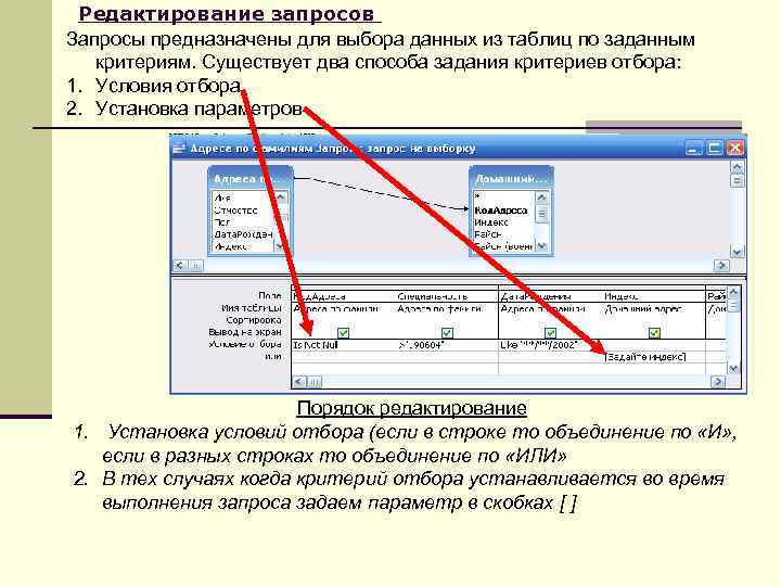 Редактирование запросов Запросы предназначены для выбора данных из таблиц по заданным критериям. Существует два