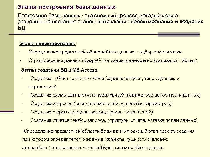 Этапы построения базы данных Построение базы данных - это сложный процесс, который можно разделить