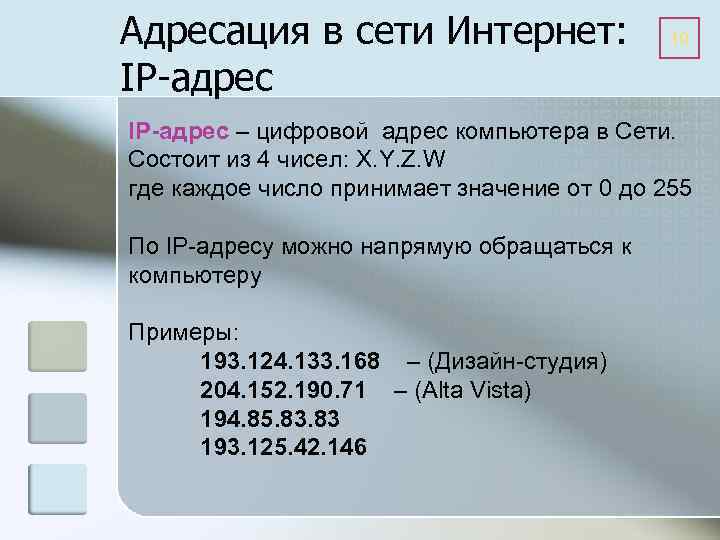 Адресация в сети Интернет: IP-адрес 19 IP-адрес – цифровой адрес компьютера в Сети. Состоит