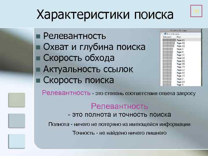 Характеристики поиска 39 Релевантность n Охват и глубина поиска n Скорость обхода n Актуальность