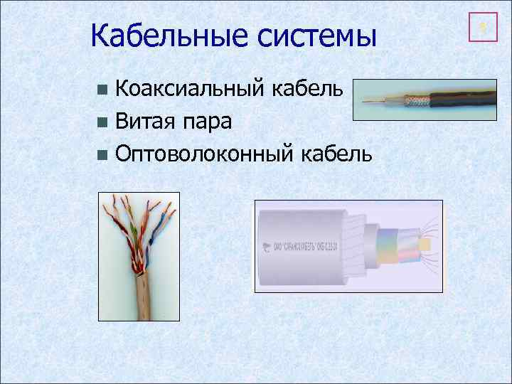Кабельные системы Коаксиальный кабель n Витая пара n Оптоволоконный кабель n 5 