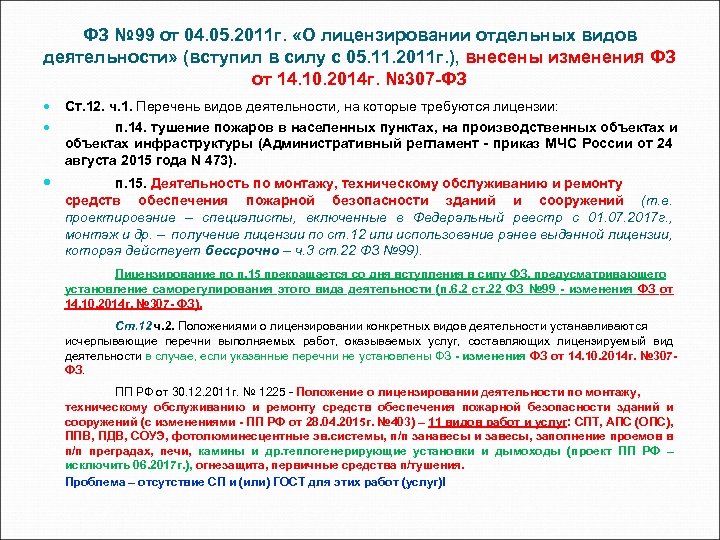 ФЗ № 99 от 04. 05. 2011 г. «О лицензировании отдельных видов деятельности» (вступил