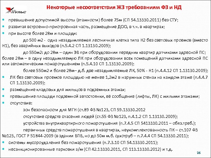 Некоторые несоответствия ЖЗ требованиям ФЗ и НД превышение допустимой высоты (этажности) более 75 м