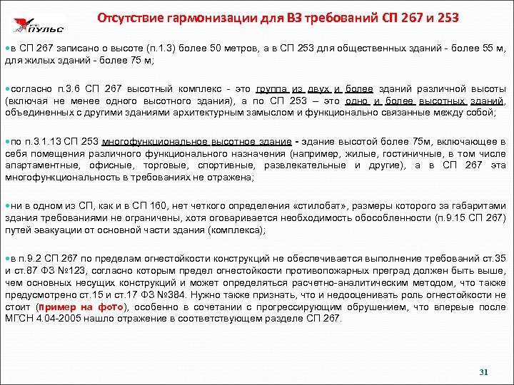 Отсутствие гармонизации для ВЗ требований СП 267 и 253 в СП 267 записано о