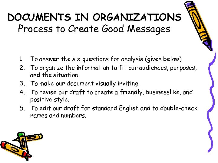 DOCUMENTS IN ORGANIZATIONS Process to Create Good Messages 1. To answer the six questions