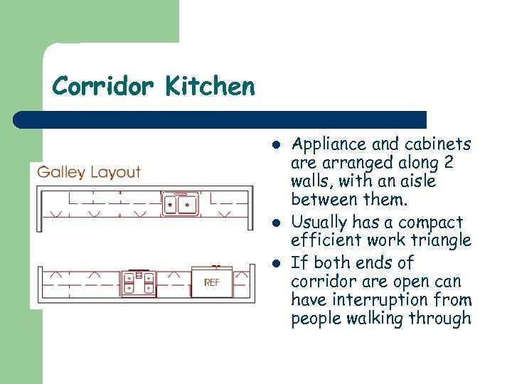 Corridor Kitchen l l l Appliance and cabinets are arranged along 2 walls, with