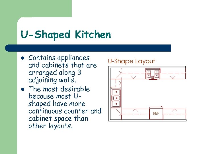 U-Shaped Kitchen l l Contains appliances and cabinets that are arranged along 3 adjoining