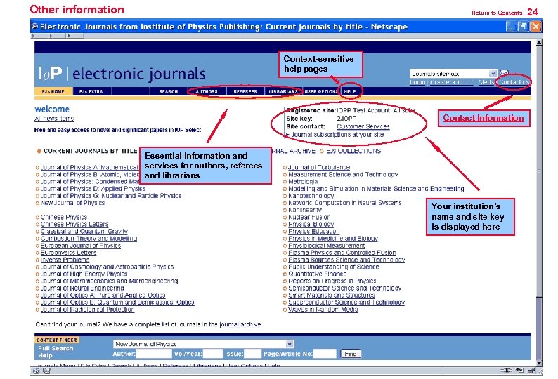 Other information Return to Contents Context-sensitive help pages Contact Information Essential information and services