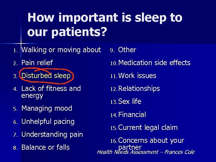 How important is sleep to our patients? 1. Walking or moving about 9. 2.