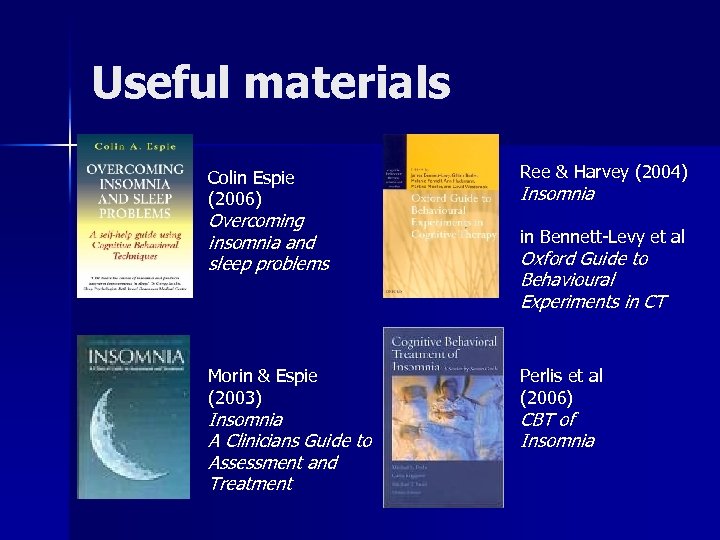 Useful materials Colin Espie (2006) Ree & Harvey (2004) Insomnia Overcoming insomnia and sleep