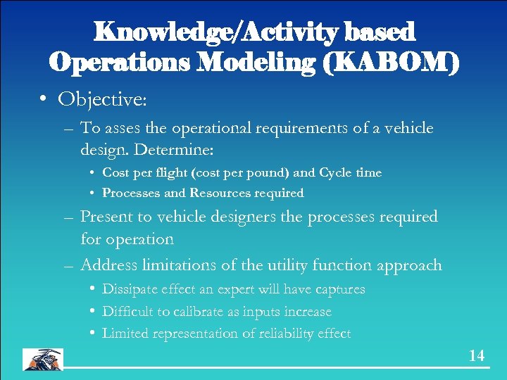 Knowledge/Activity based Operations Modeling (KABOM) • Objective: – To asses the operational requirements of