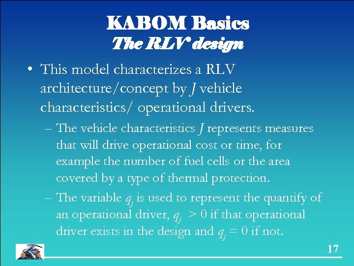KABOM Basics The RLV design • This model characterizes a RLV architecture/concept by J