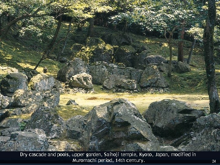 Dry cascade and pools, upper garden, Saihoji temple, Kyoto, Japan, modified in Muromachi period,