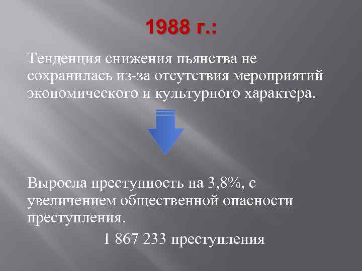 1988 г. : Тенденция снижения пьянства не сохранилась из-за отсутствия мероприятий экономического и культурного