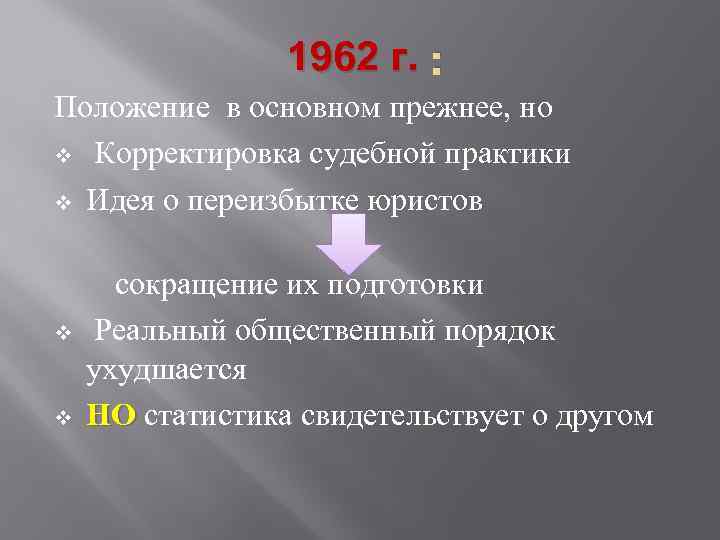 1962 г. : Положение в основном прежнее, но v Корректировка судебной практики v Идея