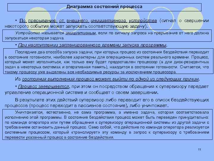 Диаграмма состояний процесса • По прерыванию от внешнего инициативного устройства (сигнал о свершении некоторого