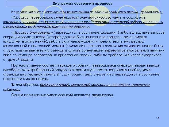 Диаграмма состояний процесса Из состояния выполнения процесс может выйти по одной из следующих причин