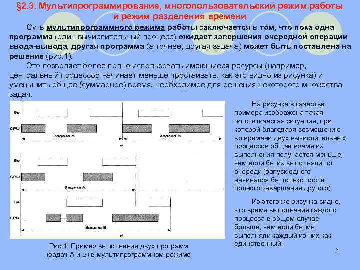 § 2. 3. Мультипрограммирование, многопользовательский режим работы и режим разделения времени Суть мультипрограммного режима