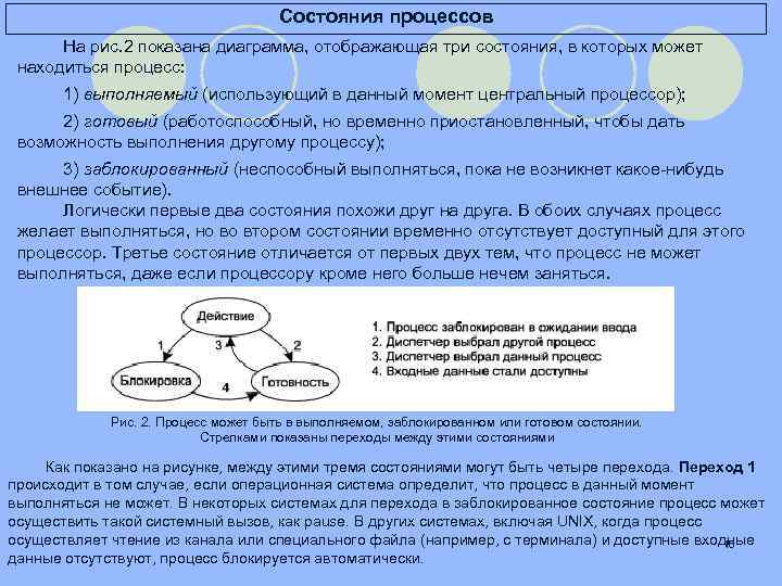 Состояния процессов На рис. 2 показана диаграмма, отображающая три состояния, в которых может находиться
