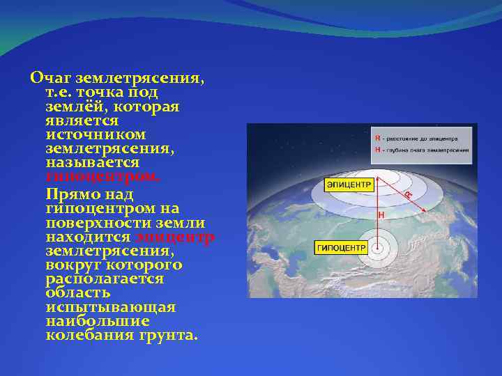 Очаг землетрясения, т. е. точка под землёй, которая является источником землетрясения, называется гипоцентром. Прямо