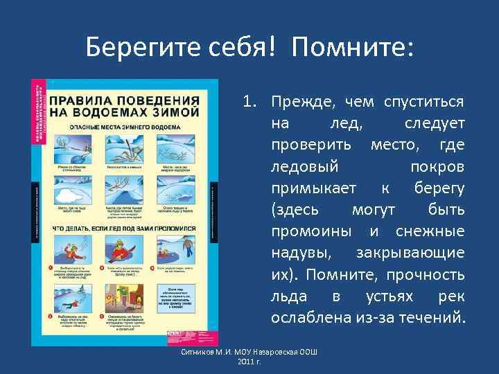 Берегите себя! Помните: 1. Прежде, чем спуститься на лед, следует проверить место, где ледовый