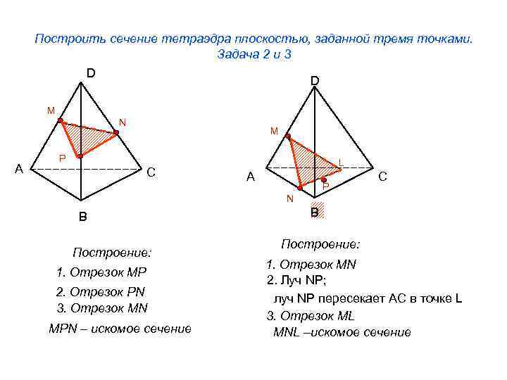 Построить сечение тетраэдра плоскостью, заданной тремя точками. Задача 2 и 3 D D M