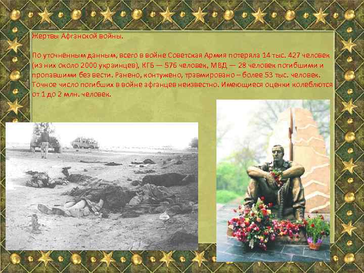 Жертвы Афганской войны. По уточнённым данным, всего в войне Советская Армия потеряла 14 тыс.