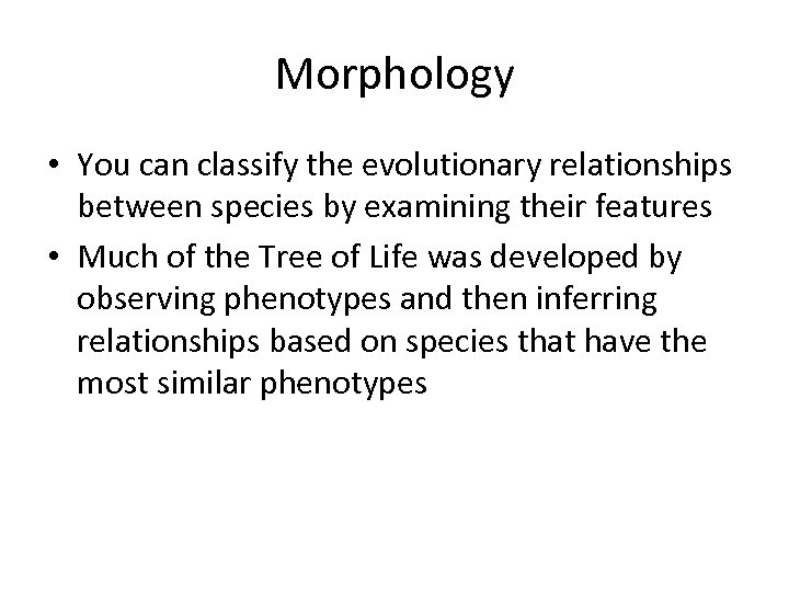 Morphology • You can classify the evolutionary relationships between species by examining their features