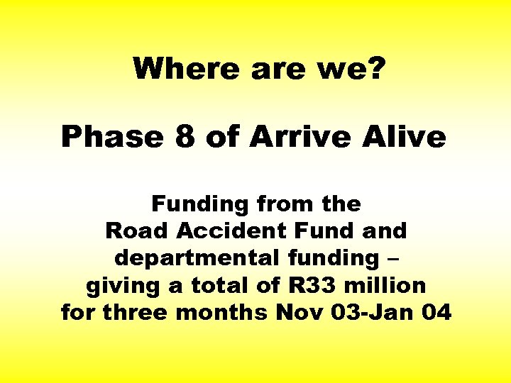 Where are we? Phase 8 of Arrive Alive Funding from the Road Accident Fund