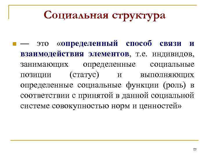 Социальная структура n — это «определенный способ связи и взаимодействия элементов, т. е. индивидов,