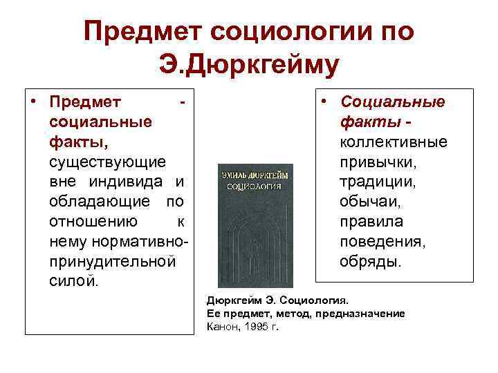 Предмет социологии по Э. Дюркгейму • Предмет - социальные факты, существующие вне индивида и