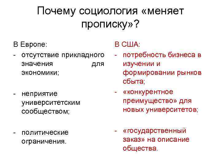 Почему социология «меняет прописку» ? В Европе: - отсутствие прикладного значения для экономики; -